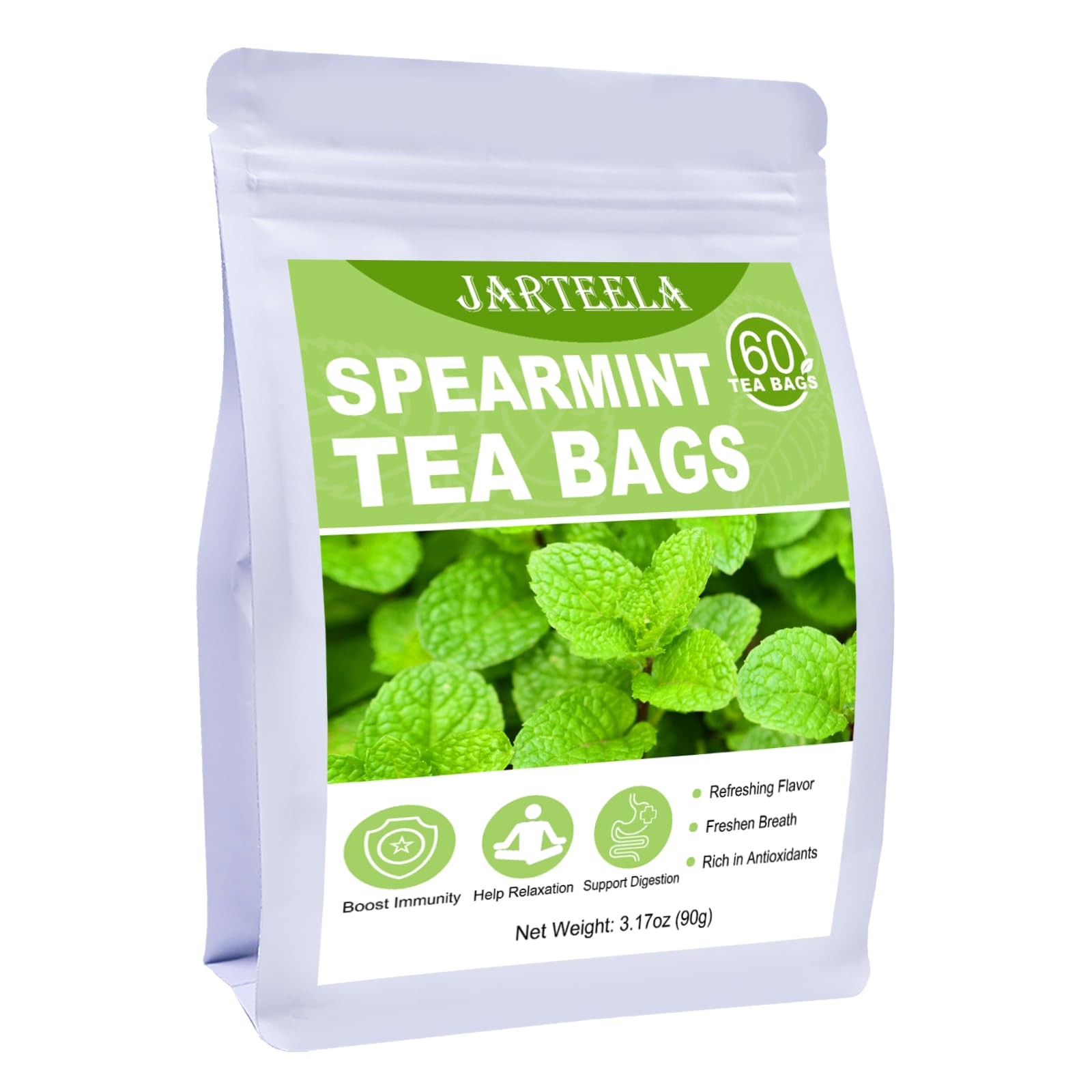 Jarteela - Spearmint Tea Bag, 1.5g x 60 Count - Pure Spearmint Leaves - Natural Herbal Tea Bags for Digestion - Non-GMO - Caffeine-free Tea