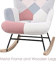 Vista 10 de Mecedora moderna de tela de lino, mecedora con respaldo alto y reposabrazos, cómodo sillón lateral con base de madera maciza para guardería, sala