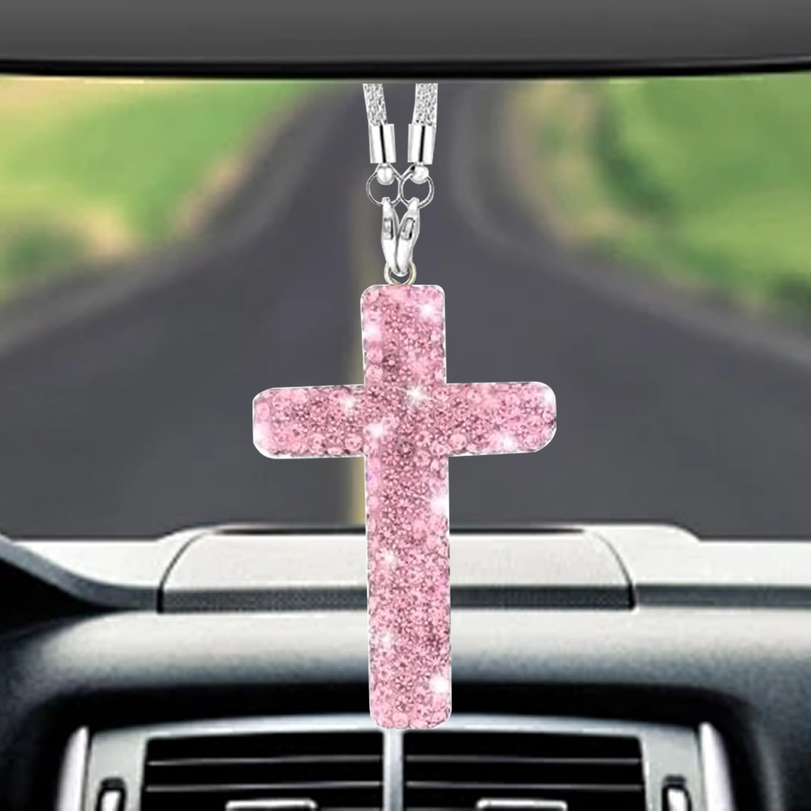 Ethlomoer Pink Shiny Cross For Car Mirror Hanging – Religious Rearview Mirror Decoration, Car Cross Hanging Accessories, Car Ornament & Charm