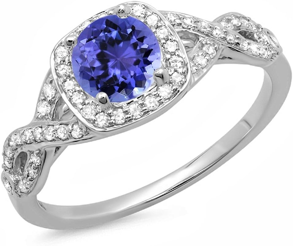 Dazzlingrock Collection Round Tanzanite & White Diamond Womens Swirl Split Shank Halo Engagement Ring, 14K Solid Gold