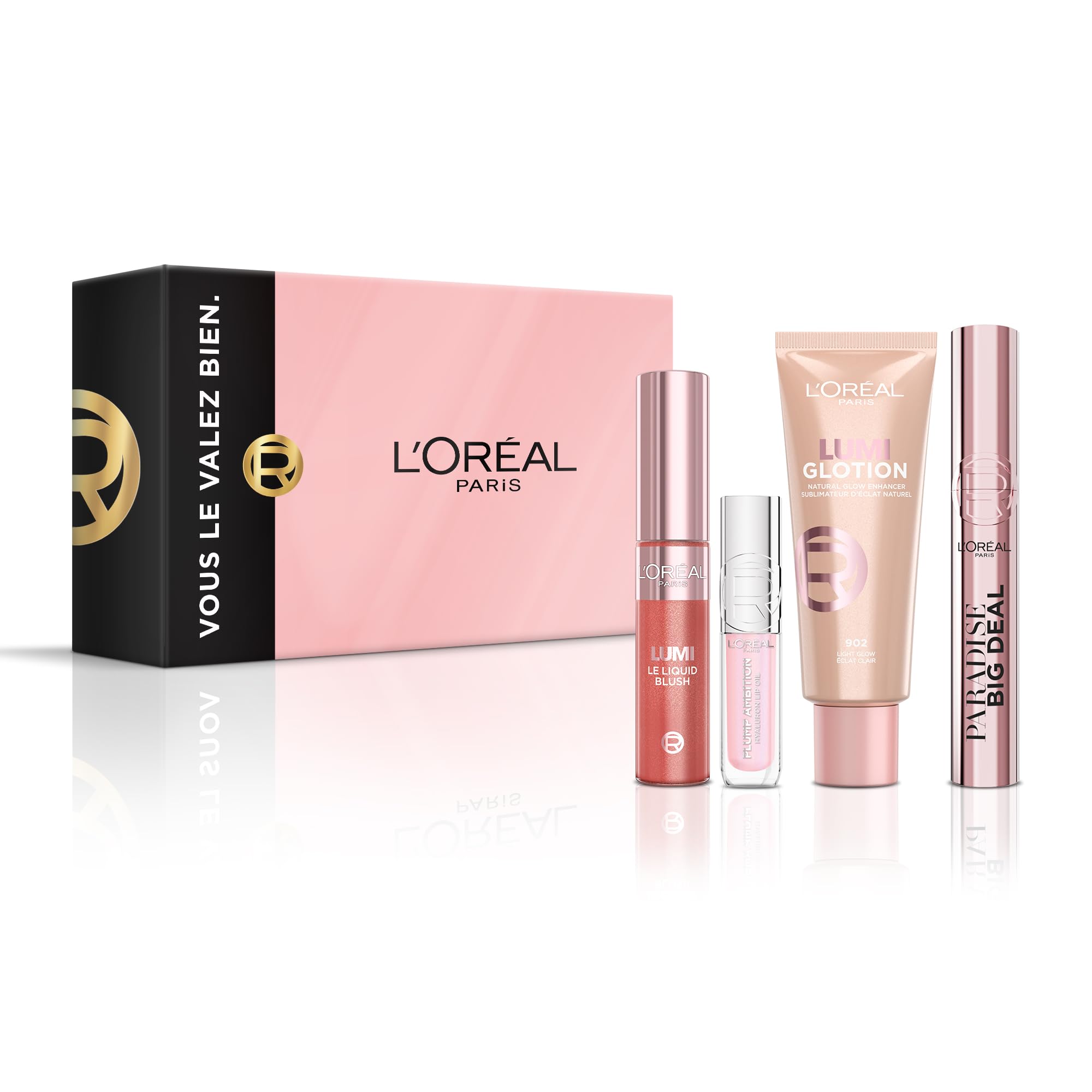 L'Oréal Paris - Coffret Maquillage Natural Glow - 4 produits - Mascara Big Deal, Enlumineur Lumi Glotion, Lumi Blush Liquide, Gloss Plump Ambition à l'Acide Hyaluronique