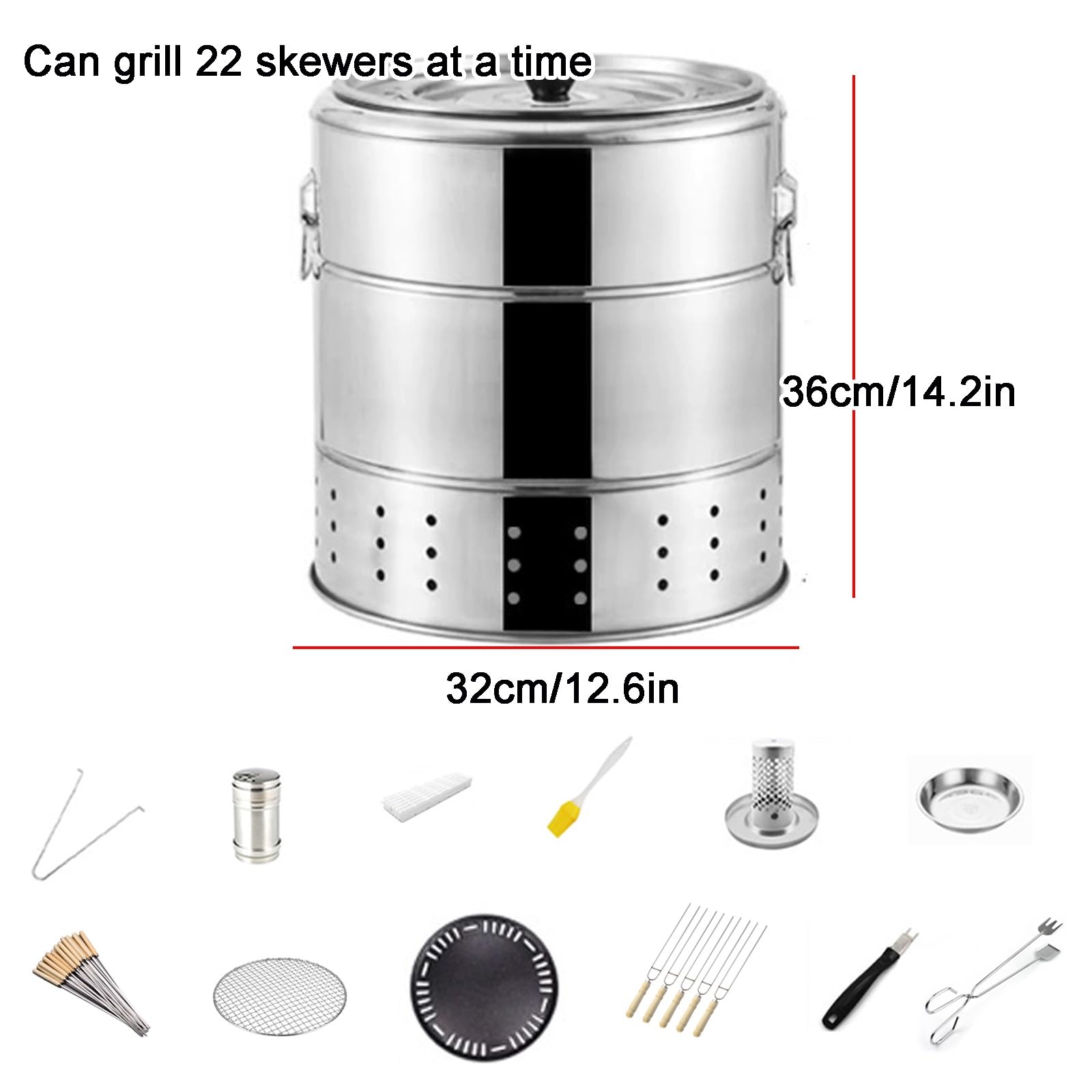 Pionowy piec rożnowy 360° ze stali nierdzewnej wędzarniczy beczka bezdymna z nieprzywierającą płytą do grillowania i siatką do grillowania (32 x 36 cm)