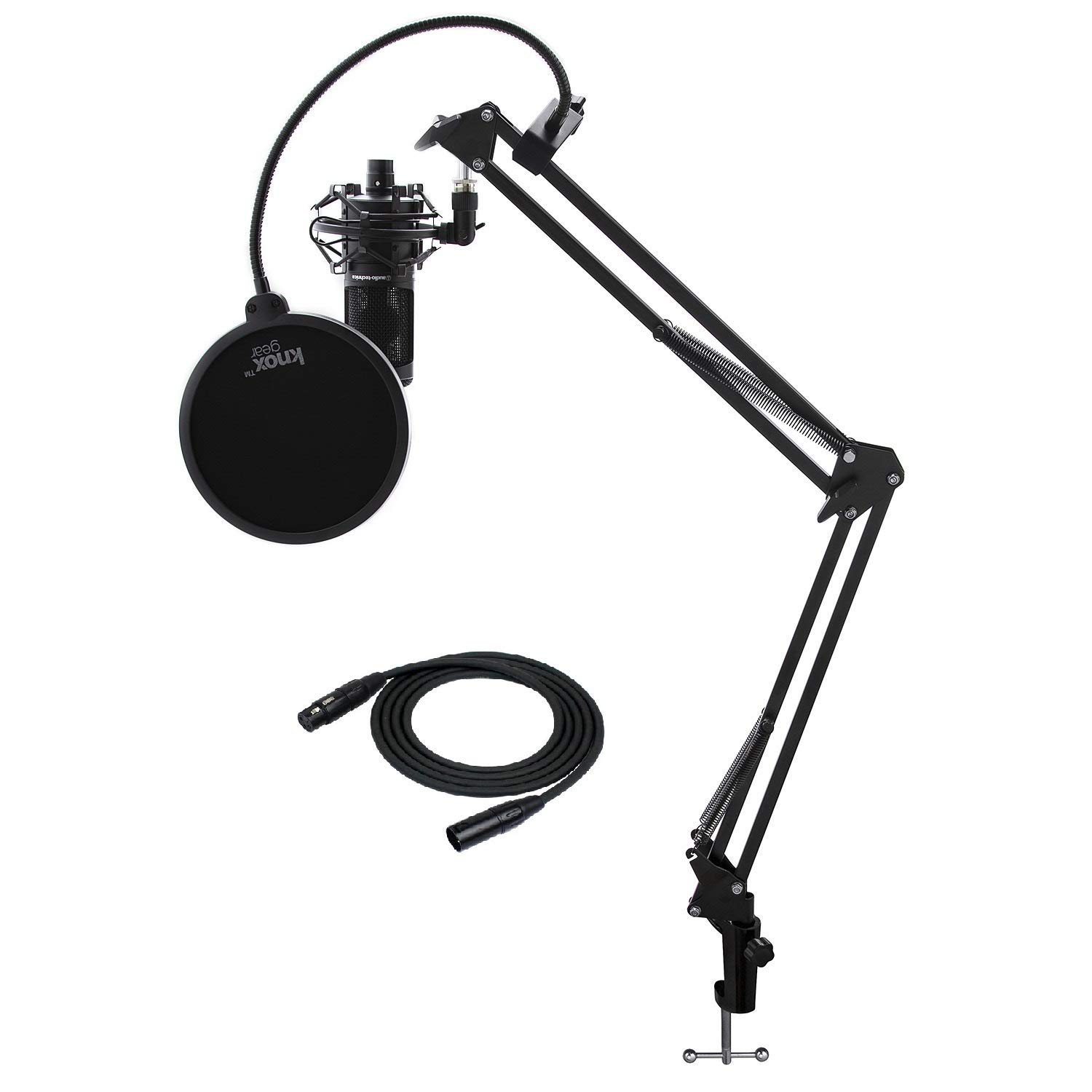 Audio-Technica AT2020 Condenser Studio Microphone with Knox Gear Filter, Boom Arm, Cable and Shock M