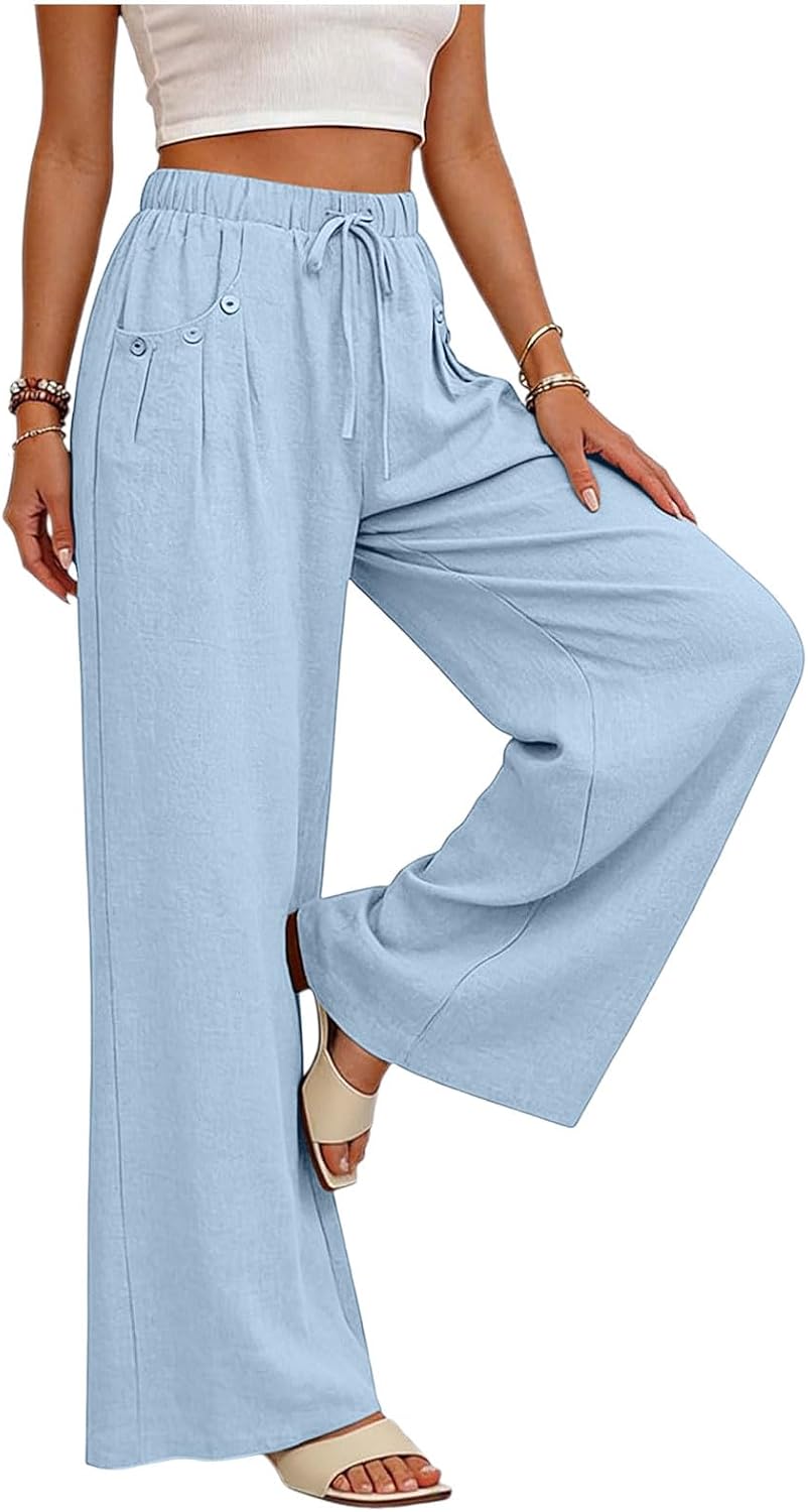 Cotton Linen Pants for Women, Wide Leg Elastic High Waisted Loose Palazzo Pant Summer Casual Beach Vacation Trousers