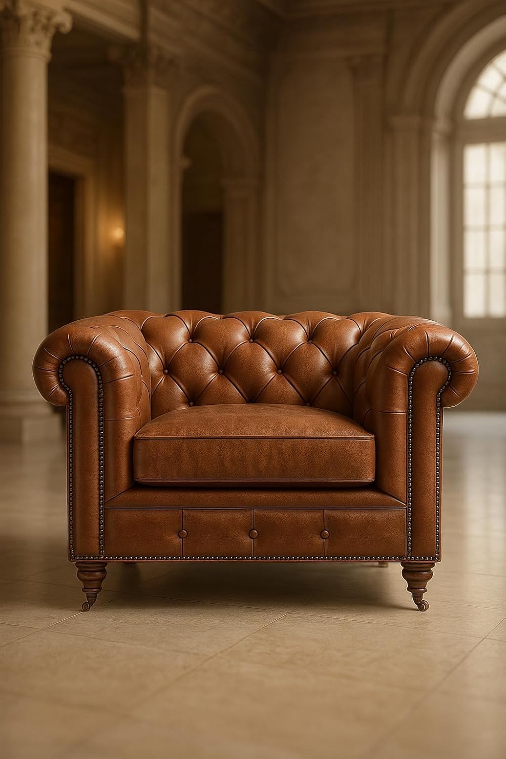 Modern Classic Chesterfield Leatherette Sofa Set for Living Room | Button Tufted Premium Sofa | 1 Seater | Brown | Home, Office & Hall Use