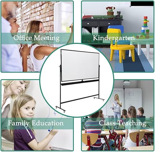 Miniatura 6 de Pizarra blanca magnética móvil de doble cara con ruedas, pizarra blanca de borrado en seco en soporte para oficina, hogar y escuela, marco negro, 40