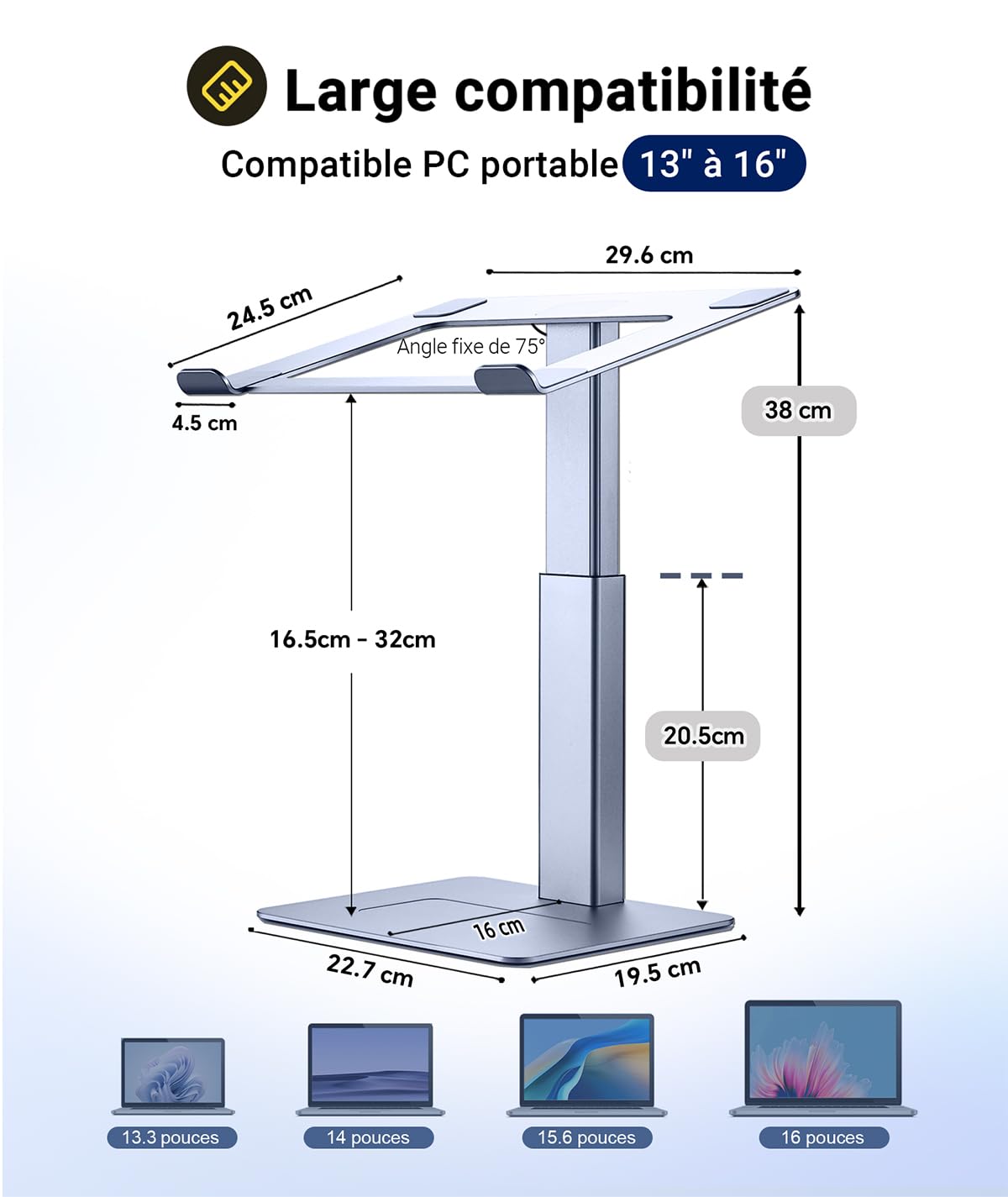 Support PC Portable Assis Debout Ergonomique - 16 Niveaux Hauteur pour DJ, Télétravail, Visioconférence - Compatible Ordinateurs 13-16 Pouces, Gris