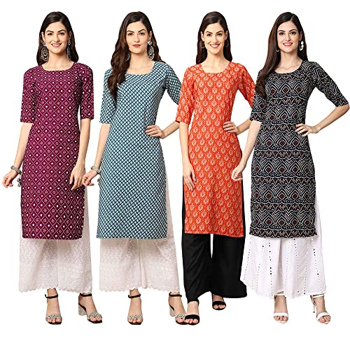 Image of Pinkmint Women's Crepe Digital Print Straight Kurta [Pack of 4] (CCV-334-338-339-335)
