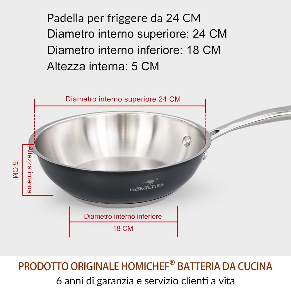 HOMICHEF Pentola in acciaio inossidabile senza nichel da 9,5 litri con coperchio in vetro - Pentola compatta e salutare con finitura lucida a specchio per cottura a induzione (24,5 cm