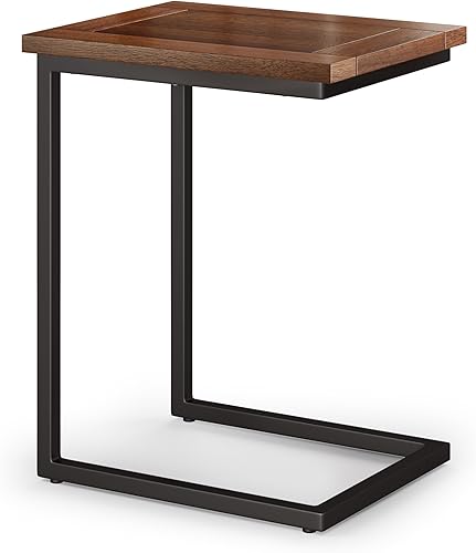 SIMPLIHOME Skyler - Mesa auxiliar industrial en forma de C de mangometal sólido de 16 pulgadas de ancho en color marrón coñac oscuronegro para sala