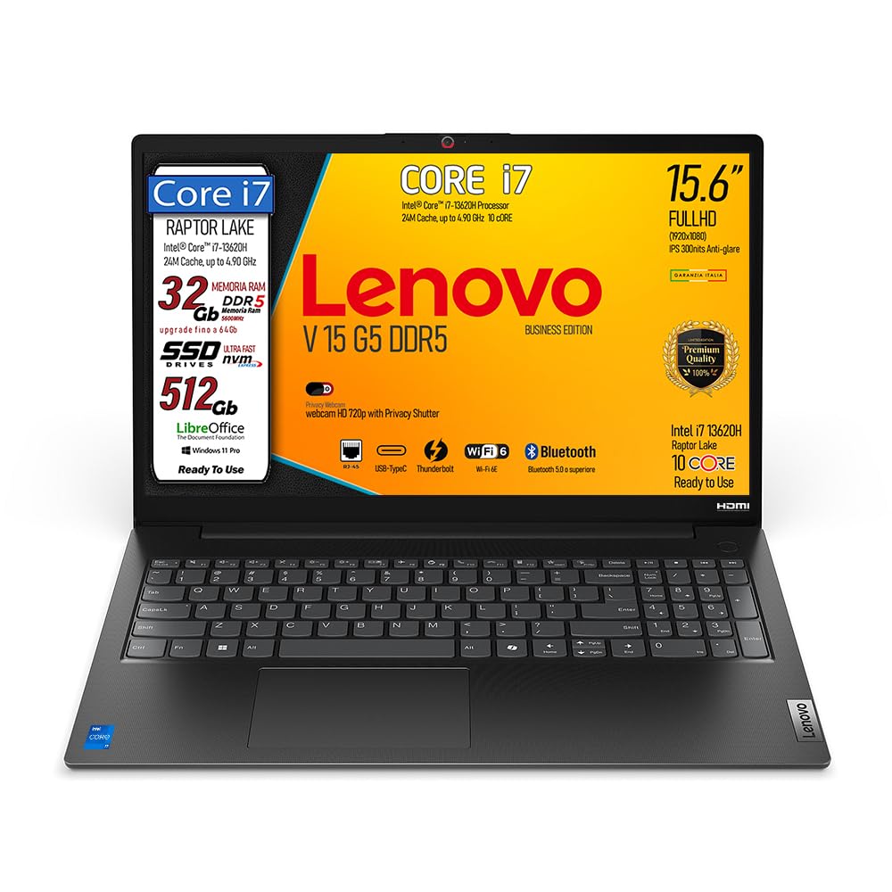Lenovo, pc portatile Notebook V15 G5, Intel Core i7 13620H,10 Core, Ram DDR5 32 Gb, Display 15,6" IPS FHD, SSD Pci Nvme da 512Gb, Wi-Fi 6, Bt, USB Type-C, Lan Rj45, WebCam FHD, Pronto all'Uso - 1
