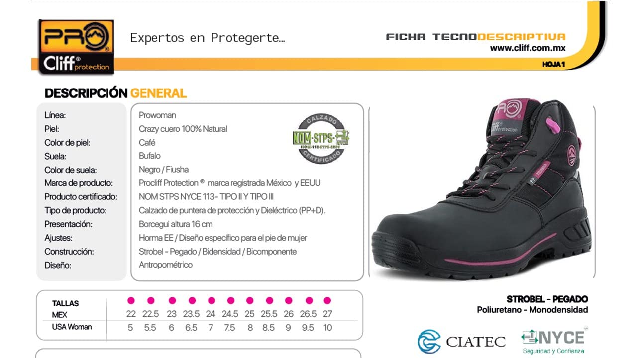 PRO Cliff - Bota DE Seguridad Industrial DIELECTRICA Ligeras Y COMODAS para Dama 414 - Talla 25 Negro
