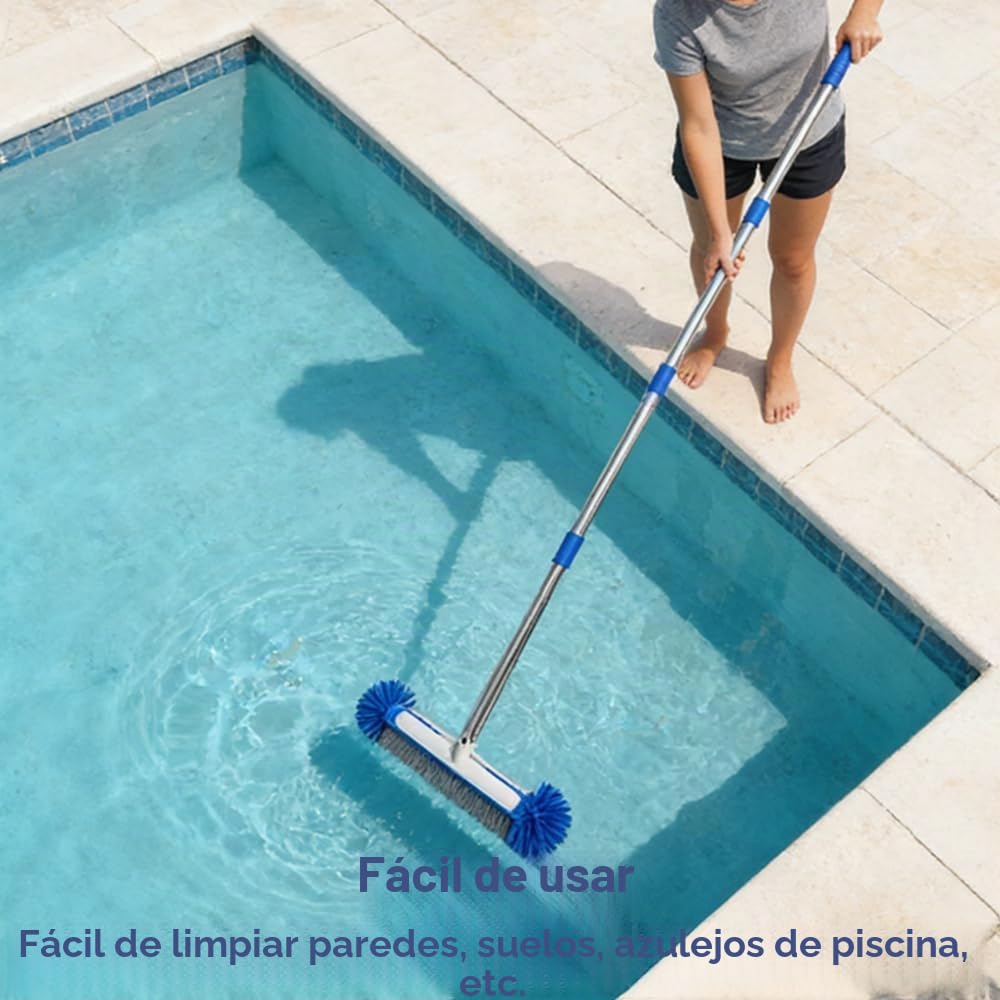 Cepillo Piscina con pertiga 194cm, Cepillo de Piscina 43cm, Cepillo para Limpiar Piscinas con Varilla de Acero Inoxidable, Kit Piscina Limpieza