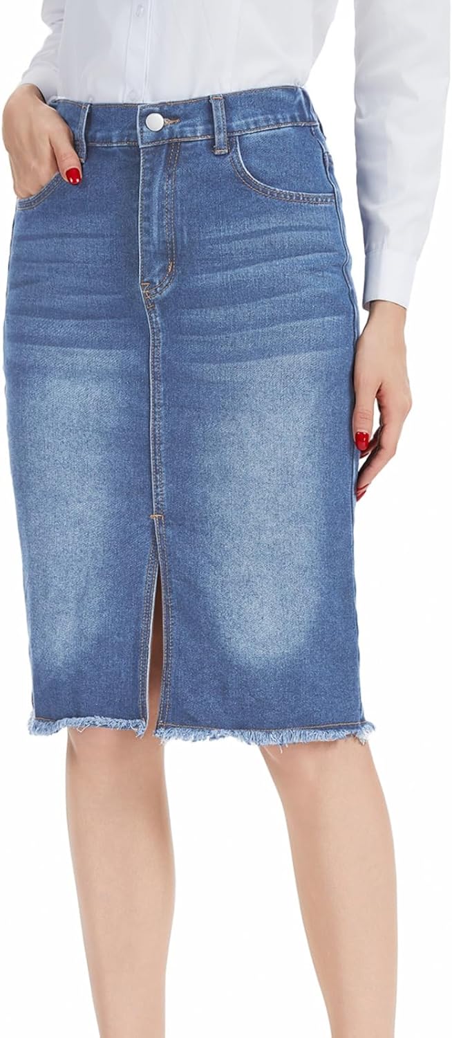 MINTLIMIT Women's Jean Skirt High Waist Front Slit 2025 Frayed Raw Hem Waistband on Back Casual Stretchy Midi Denim Skirts - Image 2