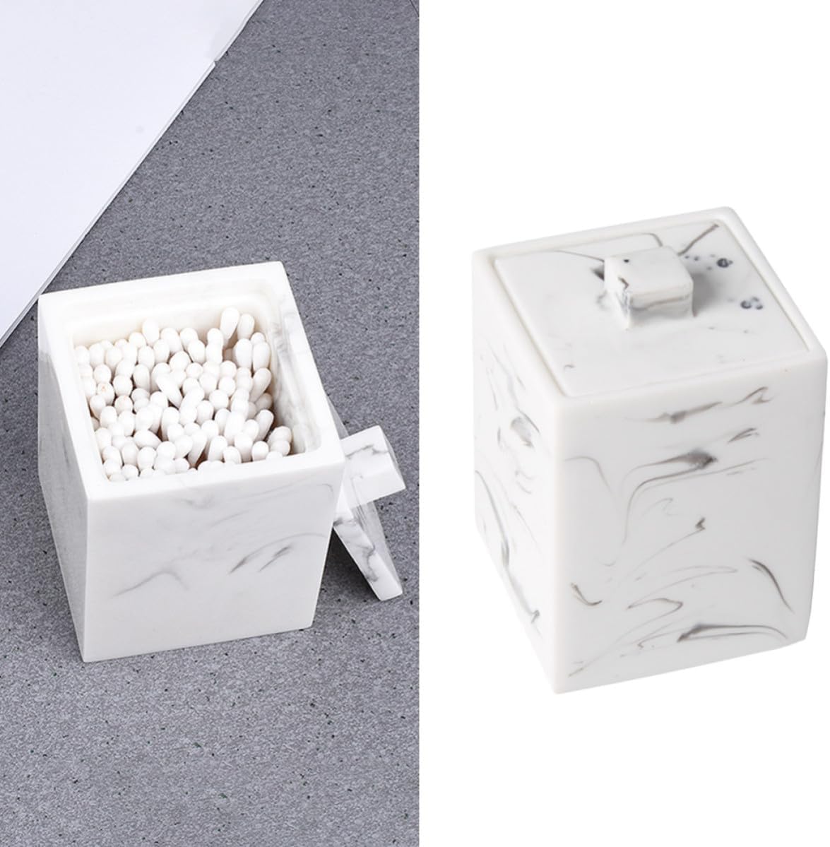 White Marble Cotton Swabs Storage Box with Lid for Bathroom image 4
