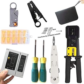 Rj45 Crimping Tool Network Tool Kit for Cat5 Cat5e Cat6, 6P 8P Multi-function Cable Cutter Pass Through Crimper, Ethernet Tool Kit RJ45/RJ11/RJ12 Network Cable Tester Punch Down Tool