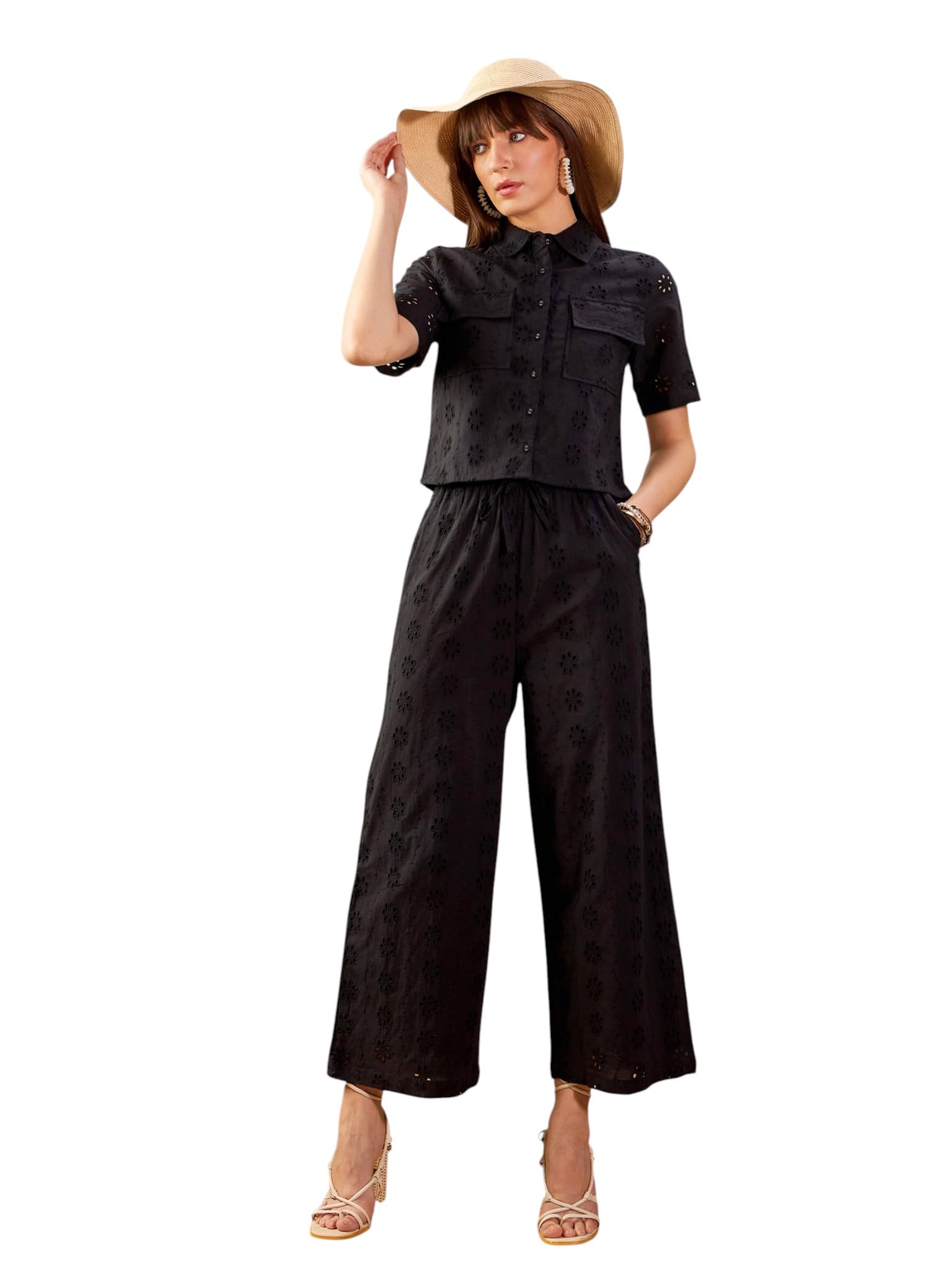 Women's Schiffli Crop Shirt with Wide Leg Pants-image-13