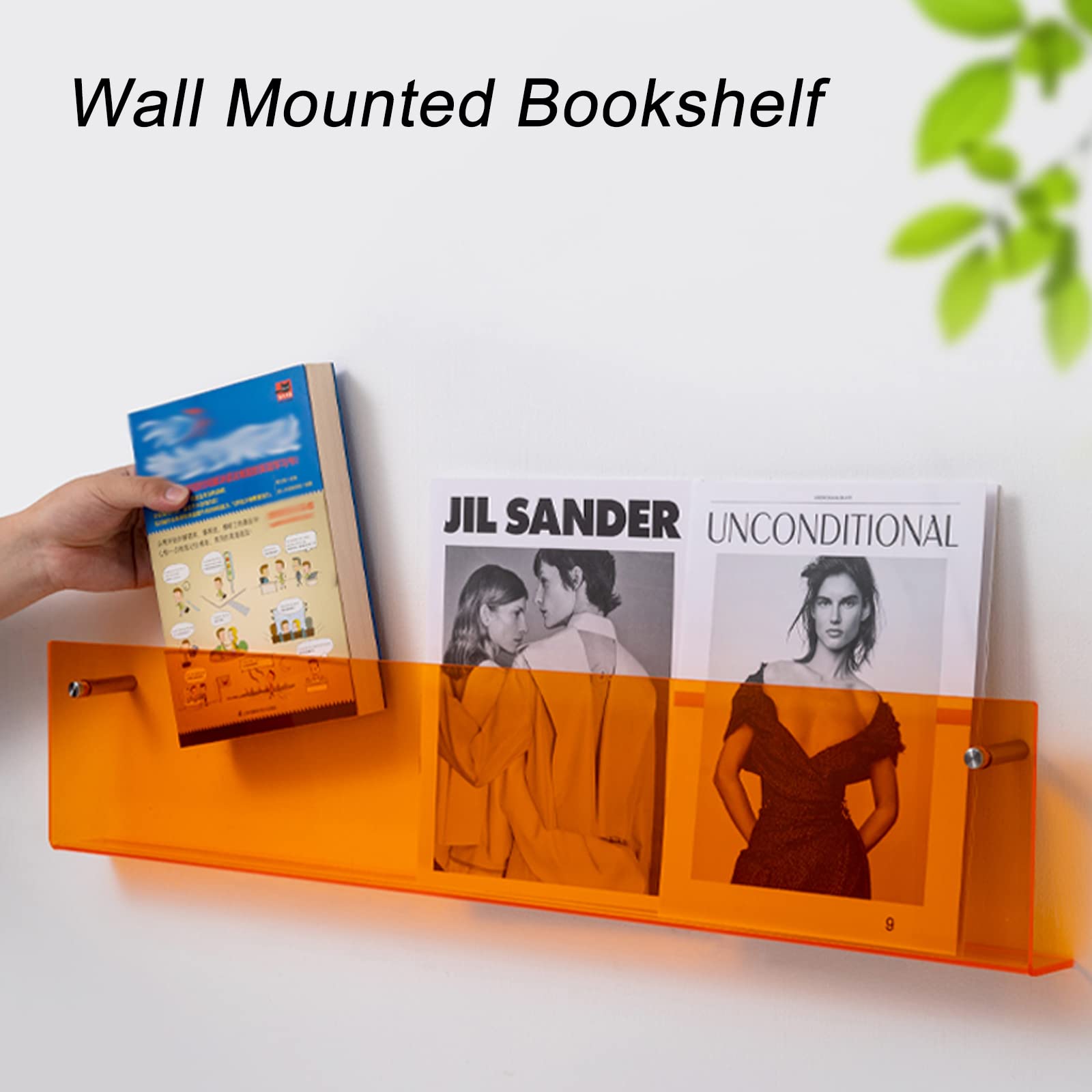 Juego de 2 estantes acrílicos montados en la pared para almacenamiento de revistas, diseño flotante para oficina o hogar, organizador moderno en color naranja (60 cm)