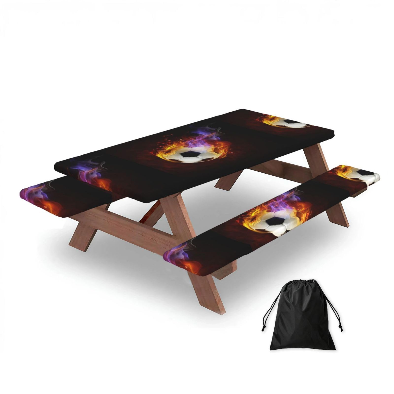 Dopklna As Picture Fire Football, Picnic Table Cover With Bench Covers -Waterproof Elastic Fitted Tablecloth For Garden Camping Patio 76X152cm