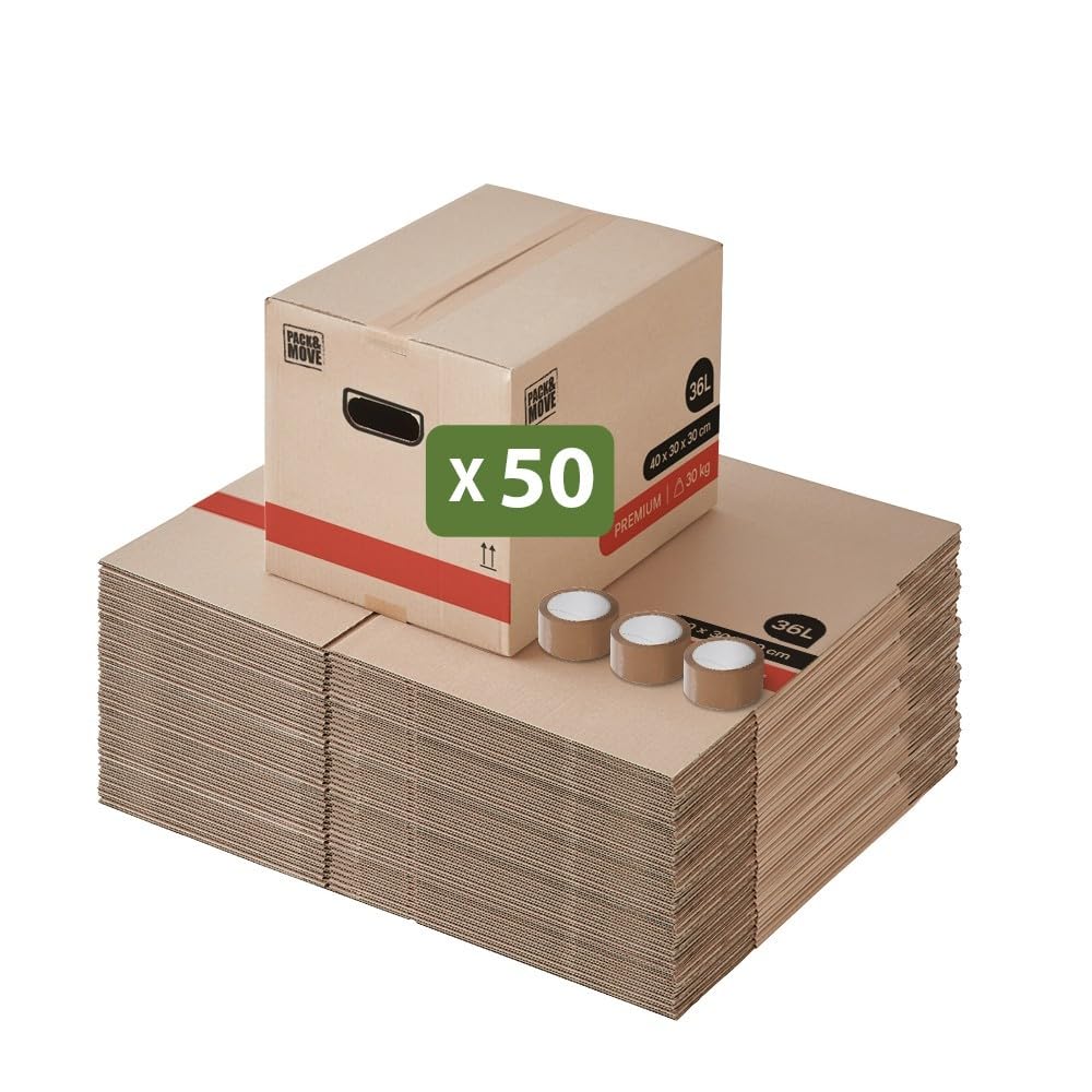 Pack and Move - Zestaw 50 kartonów do przeprowadzki książek premium - 40 x 30 x 30 cm - ekstremalna wytrzymałość 30 kg - wzmocnione uchwyty - 3 sztuki klejów