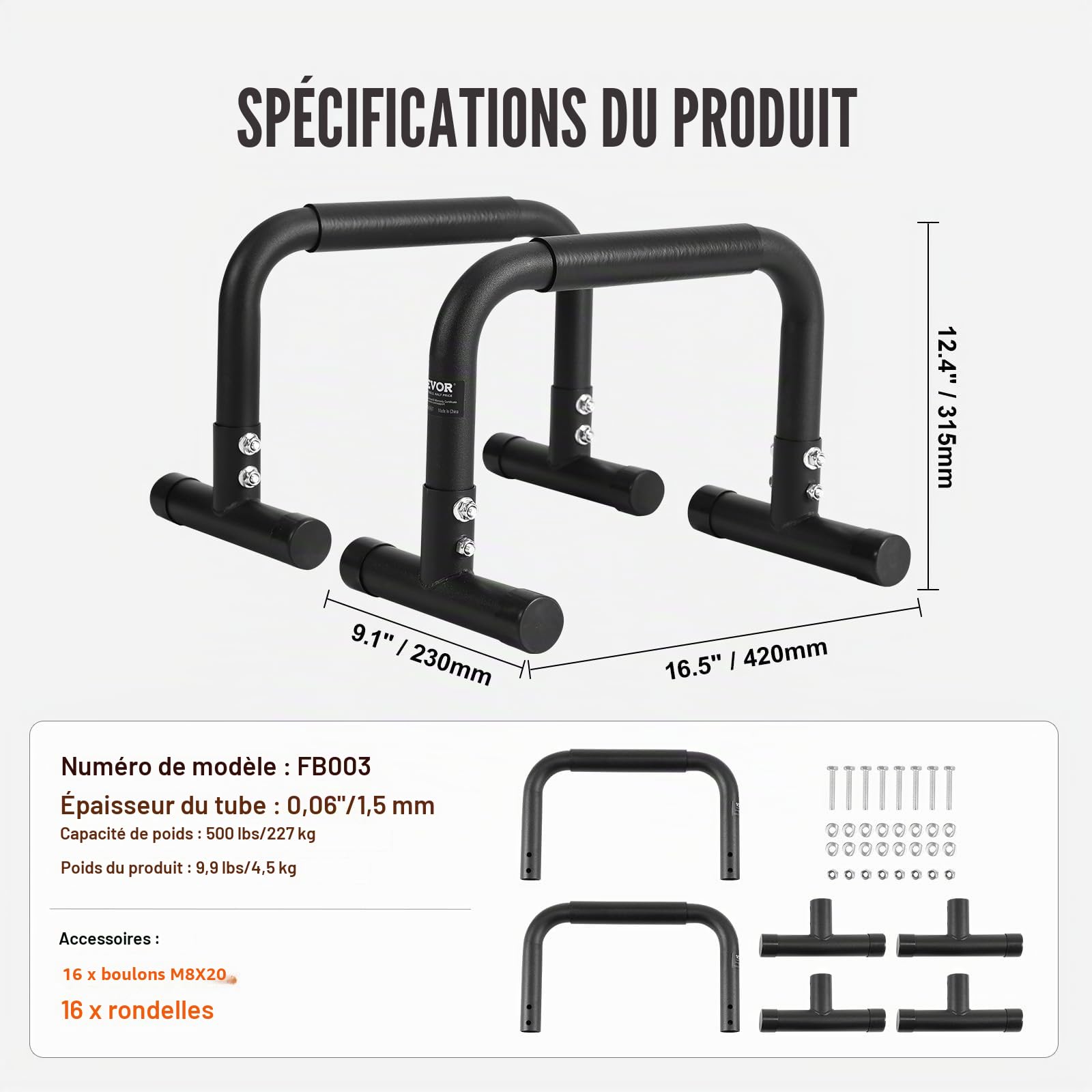 VEVOR Barre à Dips Capacité de Charge 227 kg, Barres Parallèles Résistantes, Station de Dips en Tube d'Acier, Assemblage Facile, pour Entraînement de Force, Fitness, Musculation, Gym, Maison
