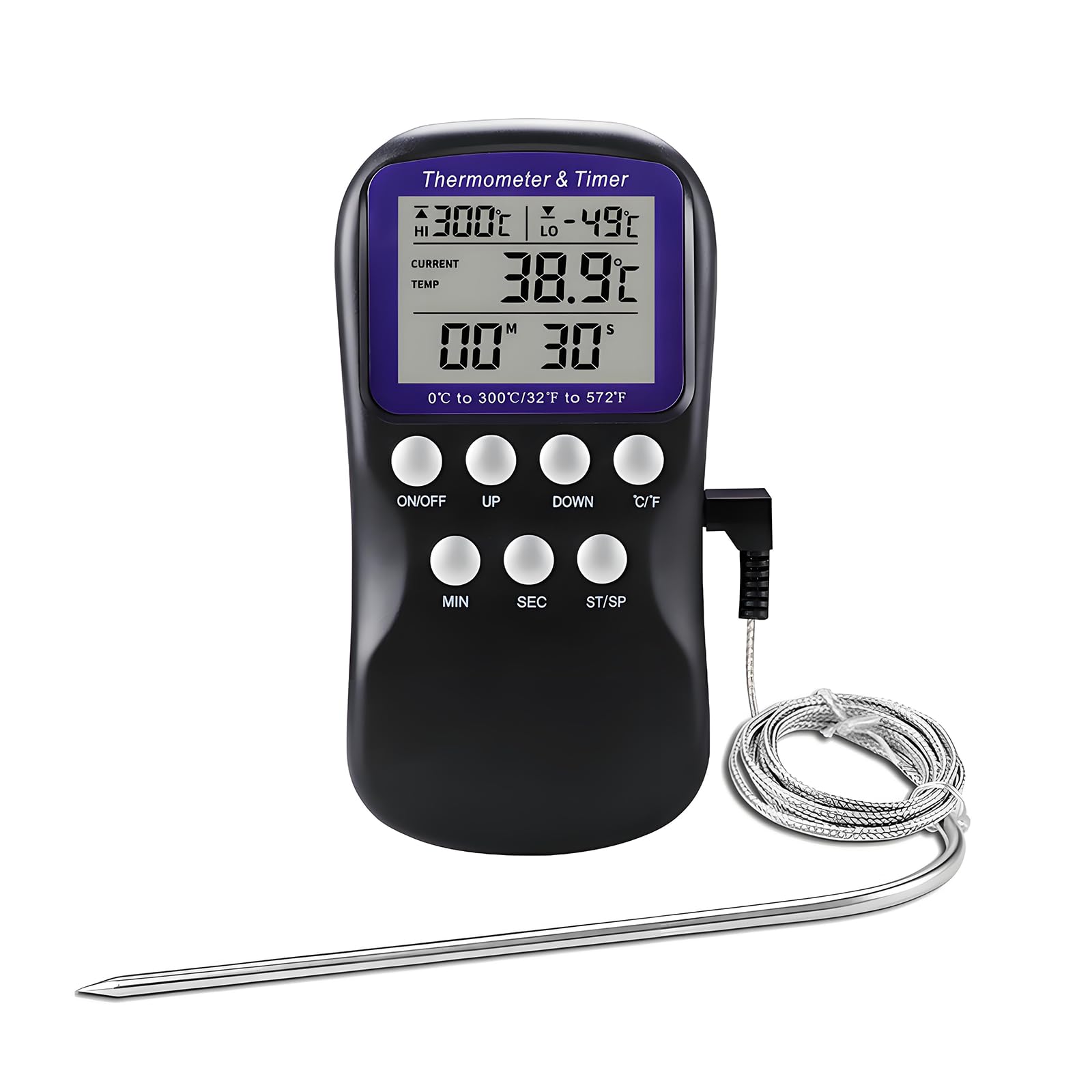 Ausenzup Digital Meat Thermometer, Accurate Temperature Probe with Large LCD Screen, Timer Alarm Function, Stainless Steel Design, Professional Thermometer for Cooking, Grilling, Restaurants