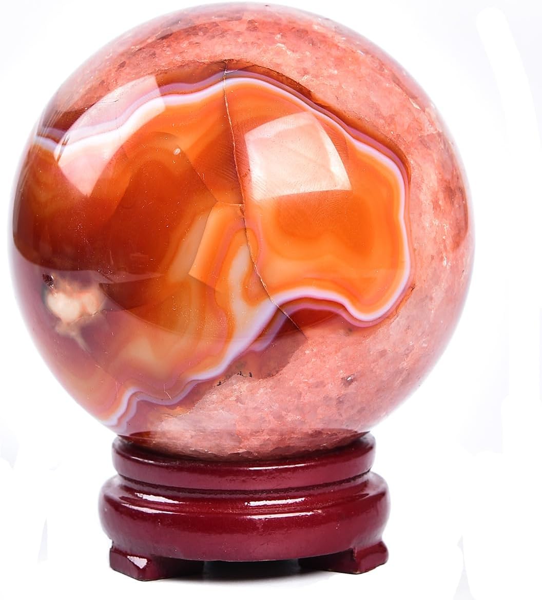 JIC Gem 3.1-3.5 inch(80-90mm) Large Red Agate Large Crystal Ball Round Healing Crystals Decorative Sphere with Wooden Stand Meditation Witchcraft Home Decor