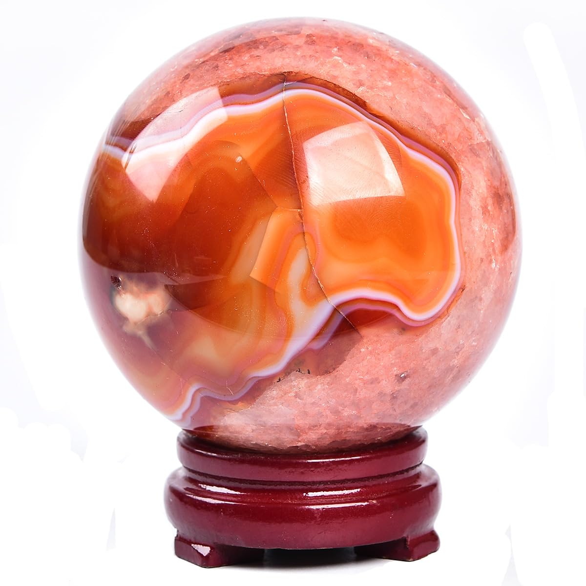 JIC Gem 3.1-3.5 inch(80-90mm) Large Red Agate Large Crystal Ball Round Healing Crystals Decorative Sphere with Wooden Stand Meditation Witchcraft Home