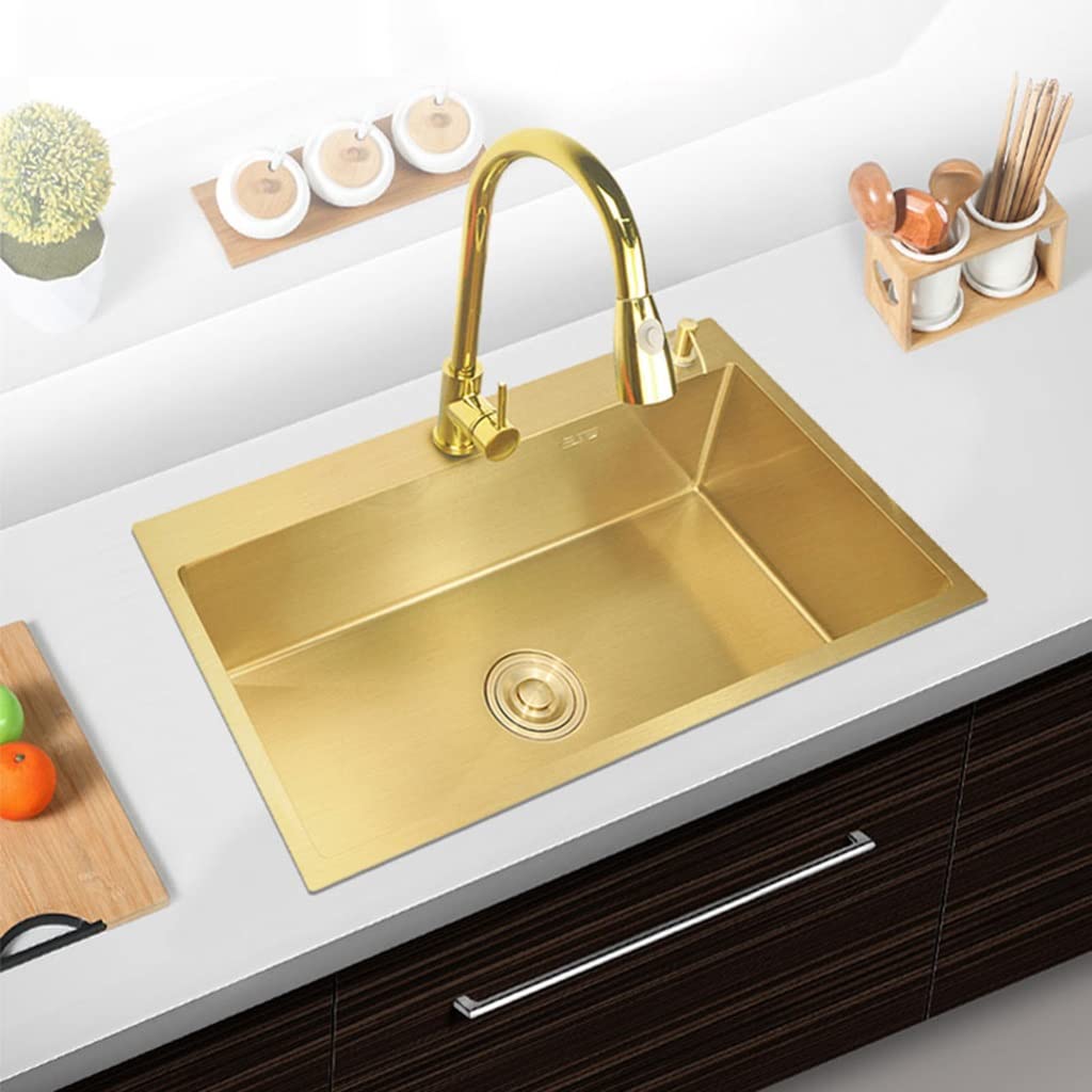 Lavello da Bar da Cucina, Vasca Singola, in Acciaio Inox 304, per Camper, Montaggio sopra o sottopiano, con Rubinetto e cestello di Scarico (Oro 53x43x21 cm)
