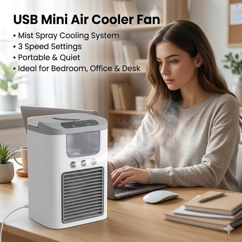 Image of (10 Years Assured Warranty) USB Powered Mini Air Cooler Fan with Water Tank Portable AC Mist Spray 3 Speed Adjustable Cooling for Bedroom Office Desk Use
