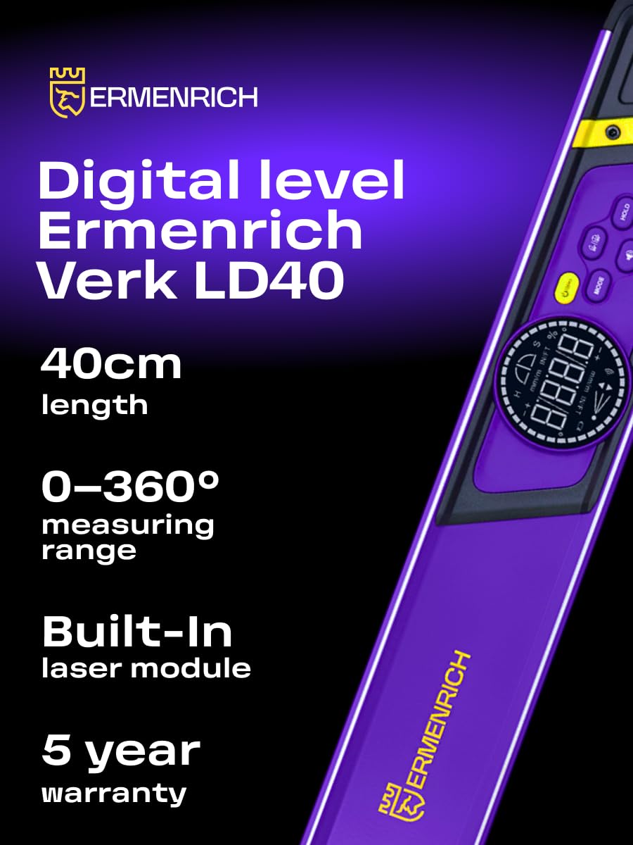 Verk LD40 Livella Digitale con Laser Integrato 0–360° Livella Elettronica 402 mm Cambio Unità Precisione ±0.1° Display LCD Spegnimento Automatico Allarme Sonoro IP54 per Edilizia e Fai da Te