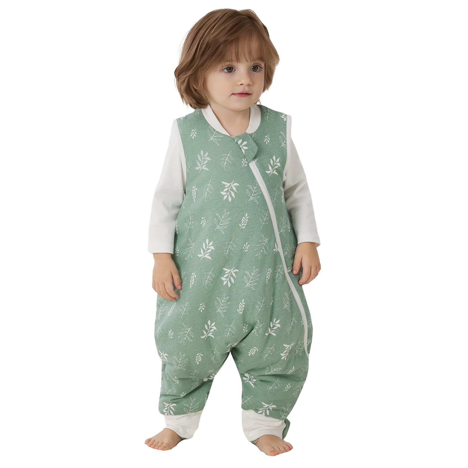 Duomiaomiao 2.5 TOG Sacco a pelo con piedi invernale，100% cotone，Sacco nanna per Bambini（Foglie verdi/2-3 anni）