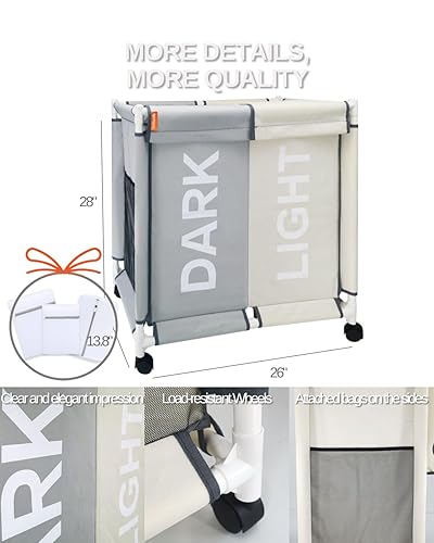Miniatura 7 de Cesta de lavandería con tapa, juego de bolsas de lavado de 120 litros, clasificadora portátil, carrito plegable con ruedas y compartimentos,
