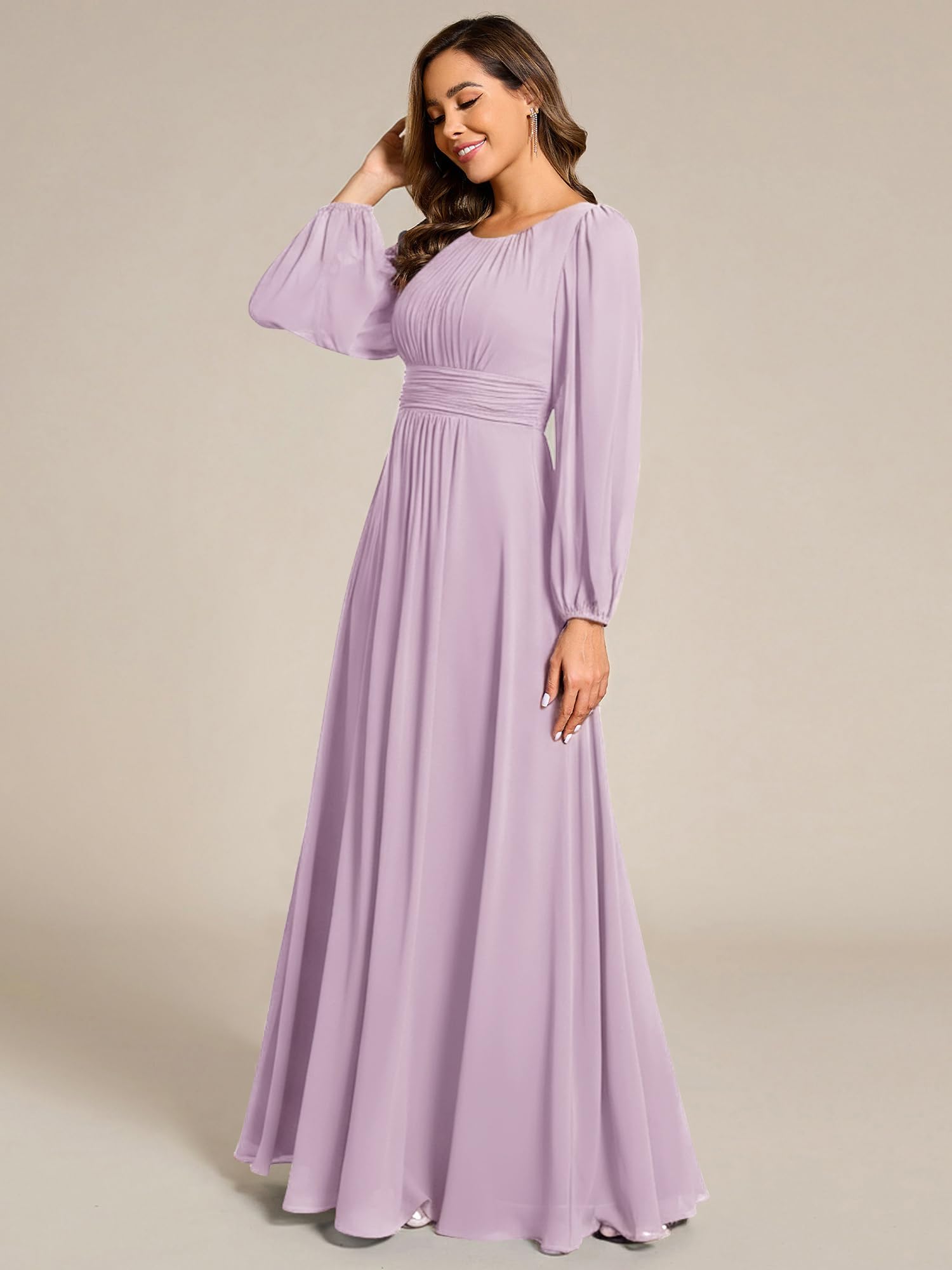 Ever-Pretty Vestito da Sera Donna Lungo Cintura Rotondo Manica Lunga Elegante Abiti da Cerimonia ES0106B