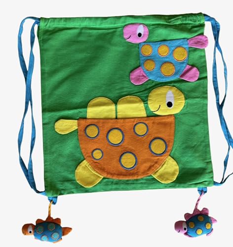 Image of Gym Bag Drawstring Backpack with Turquoise Butterfly, Appliques Decorative Designs, Handwoven Cotton Canvas (Turtle, Green)