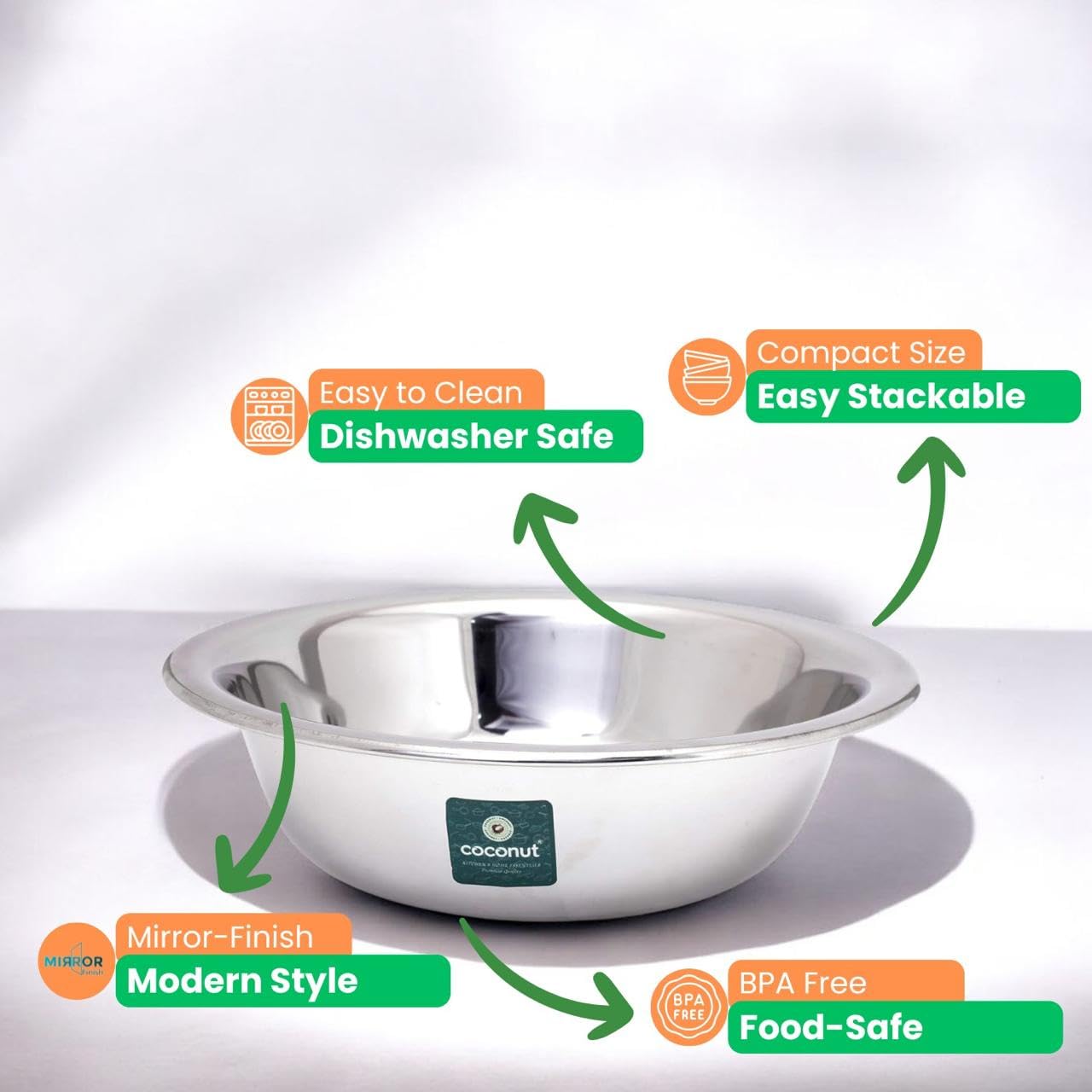 coconut Stainless Steel Basin 22Guage /Multipurpose Bowl    -1 Unit - Diameter - 26 Cm - Image 3 thumbnail