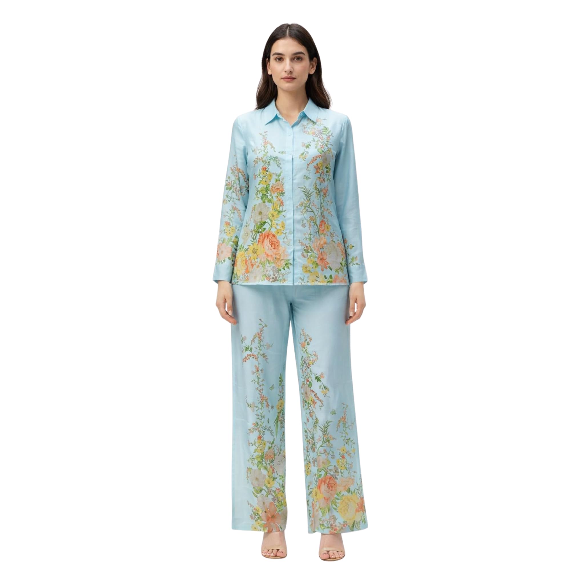 shifneen Women's Cotton Blend Collared Co-Ord Set with Palazzo Pants | Light Blue | 2XL-picture-12