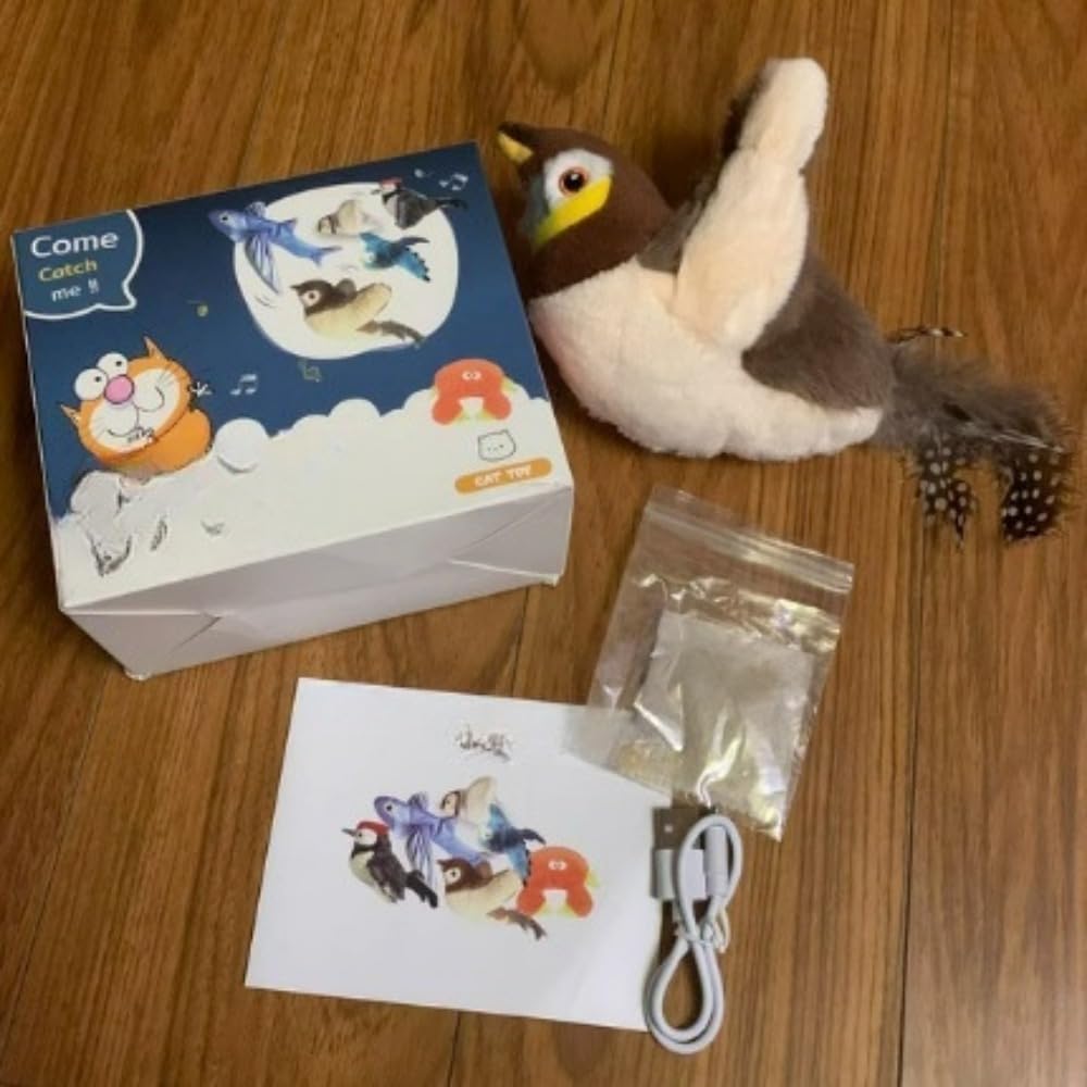 RoastMe Juguete para pájaros con plumas voladoras para gatos, juguete eléctrico de plumas para pájaros, carga USB, juguete para pájaros, sonido de juguete para pájaros, movimiento de pájaros, juguete