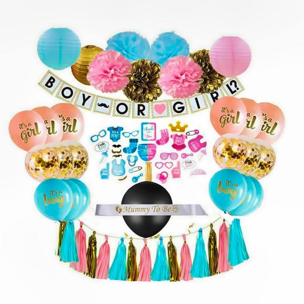 BabyBooGender Reveal Party Kit - 80+ Pieces - Baby Shower Ideas - Premium Decorations for He or She Boy or Girl - Latex Balloons Blue Rose Gold Confetti Backdrop Banner - for Mommy & Daddy To Be