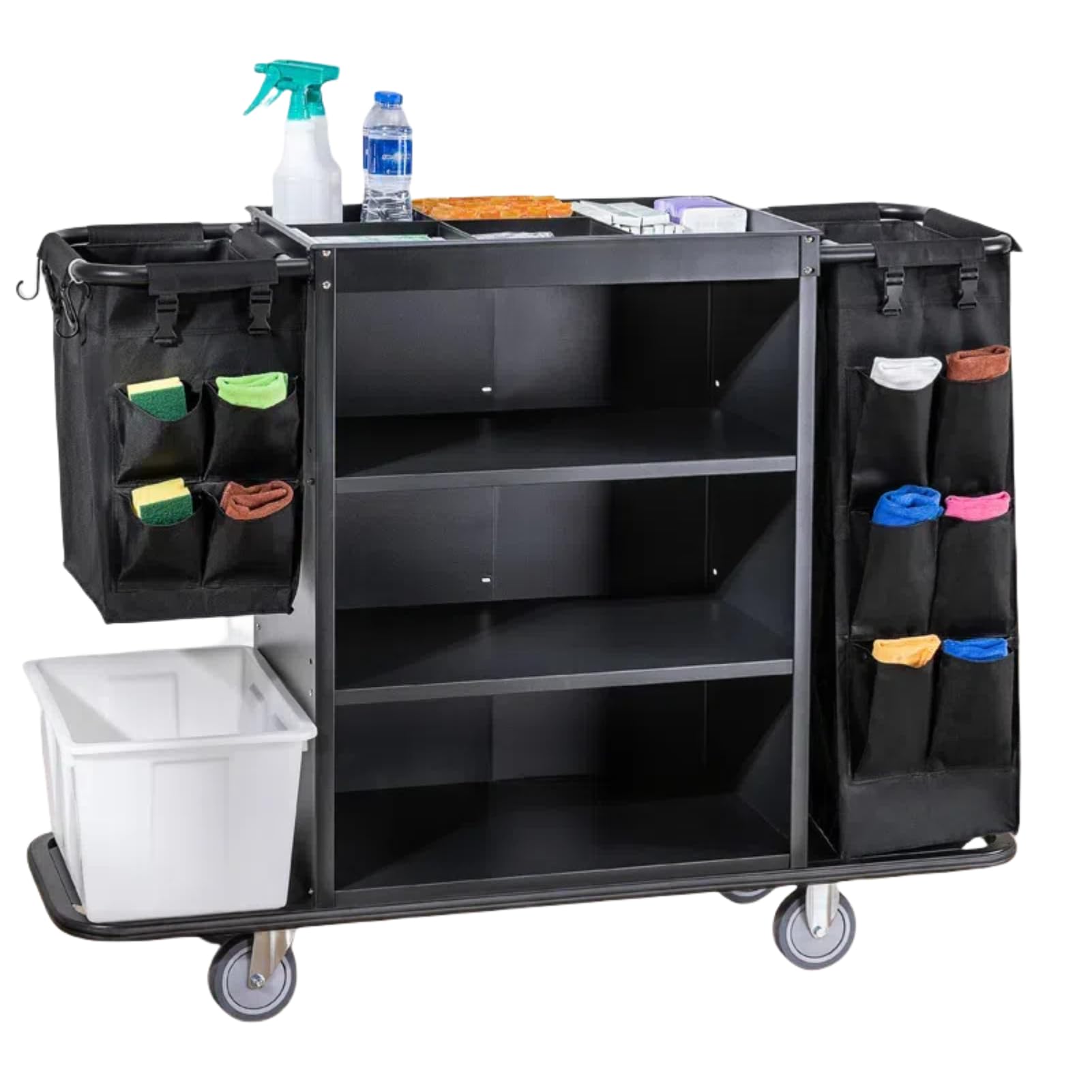 Hotel Servicewagen Multifunktional, Reinigungswagen mit Stofftasche, Mehrstufiger Lagerung, Leise Rollen, Schwarz, 55×18×44in