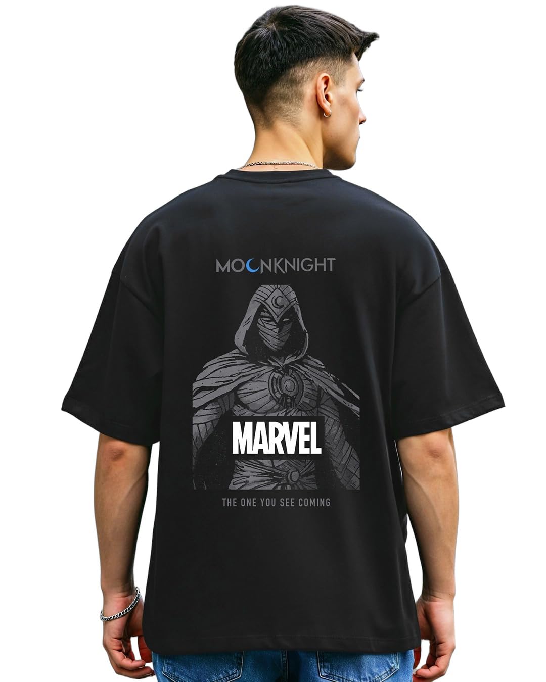 bewakoof Official Marvel Merchandise Moon Knight Men's 100% Cotton 220 GSM Graphic Print Oversized Fit Round Neck T-Shirt-picture-32