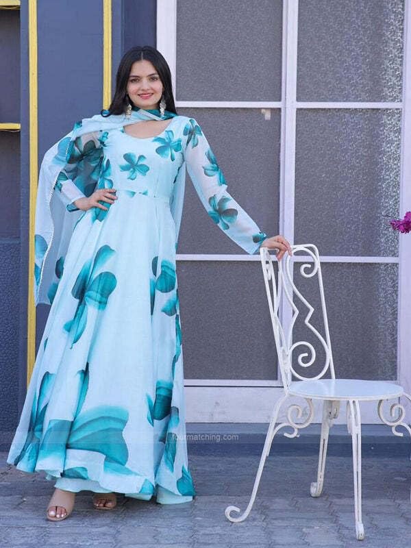 Image of DIGAMBARA Digital Floral Printed Anarkali Gown for Women, Georgette, Ethnic Wear, Fit and Flare, Dresses with Dupatta for Womens and Girls, Full Sleeves, Sky Blue