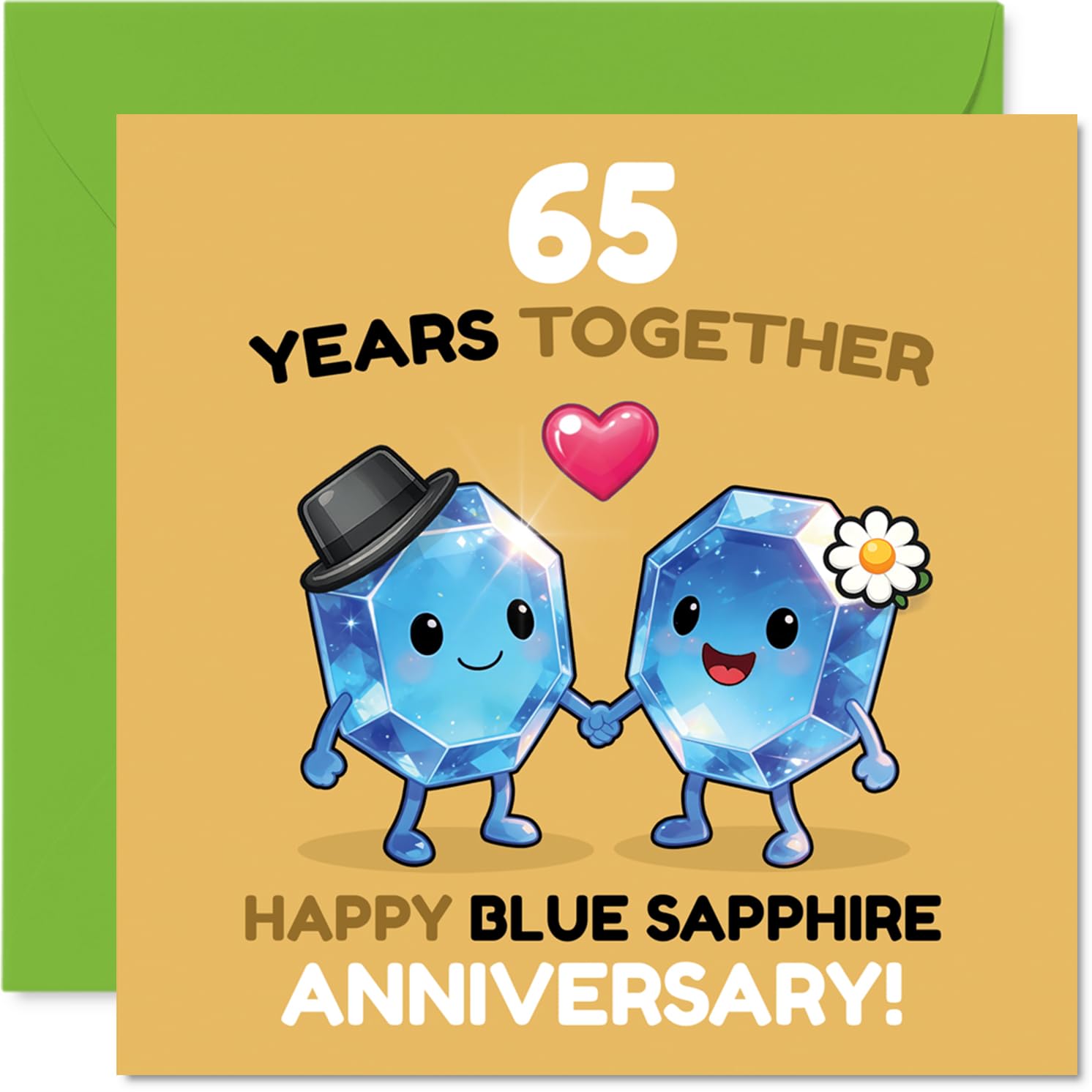 Milestone 65th Anniversary Card - 65 Years of Sparkle - Cute Gemstone Duo Celebrating a Blue Sapphire Anniversary - 145mm Square, Envelope Included