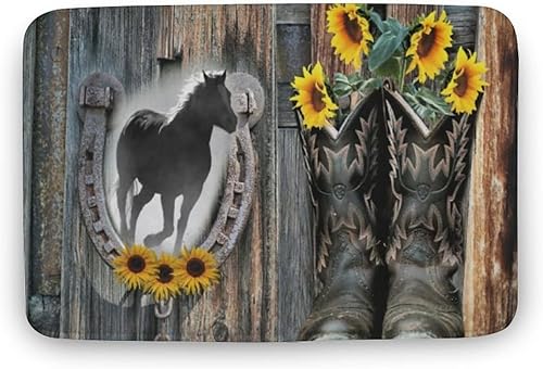 Felpudo de bienvenida con diseño de caballo al galope, botas de vaquero, herradura, girasoles, casa, felpudo de entrada para interiores y