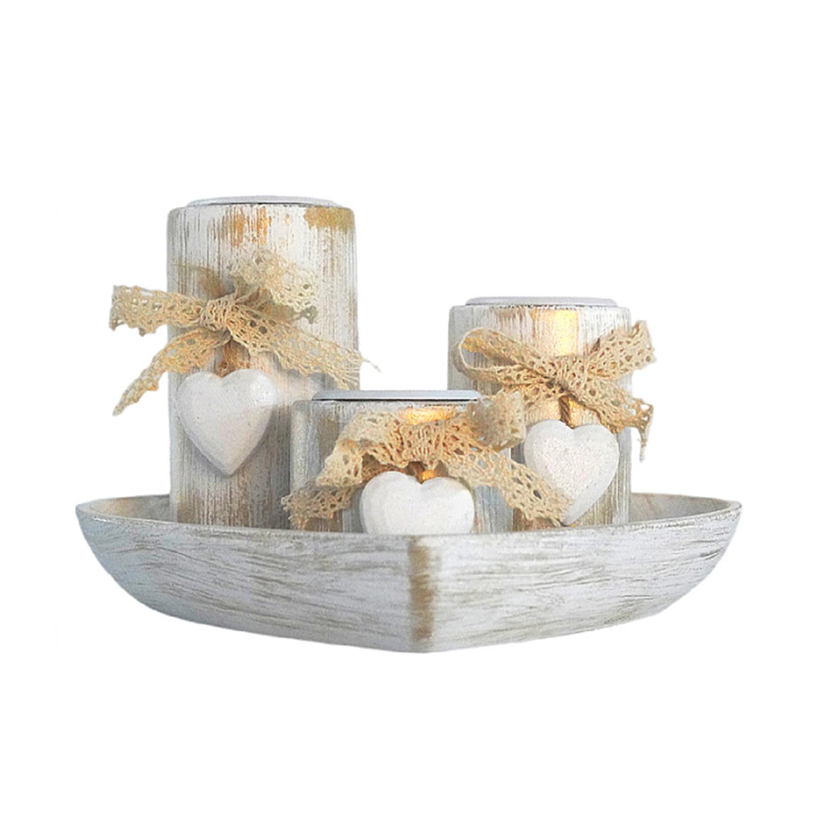 Tsophreniq Decorative 3Pcs Wood Tealight Holders with Heart Shape Tray for Dining Table Centerpieces and Living Room Decors Wooden Candelabra