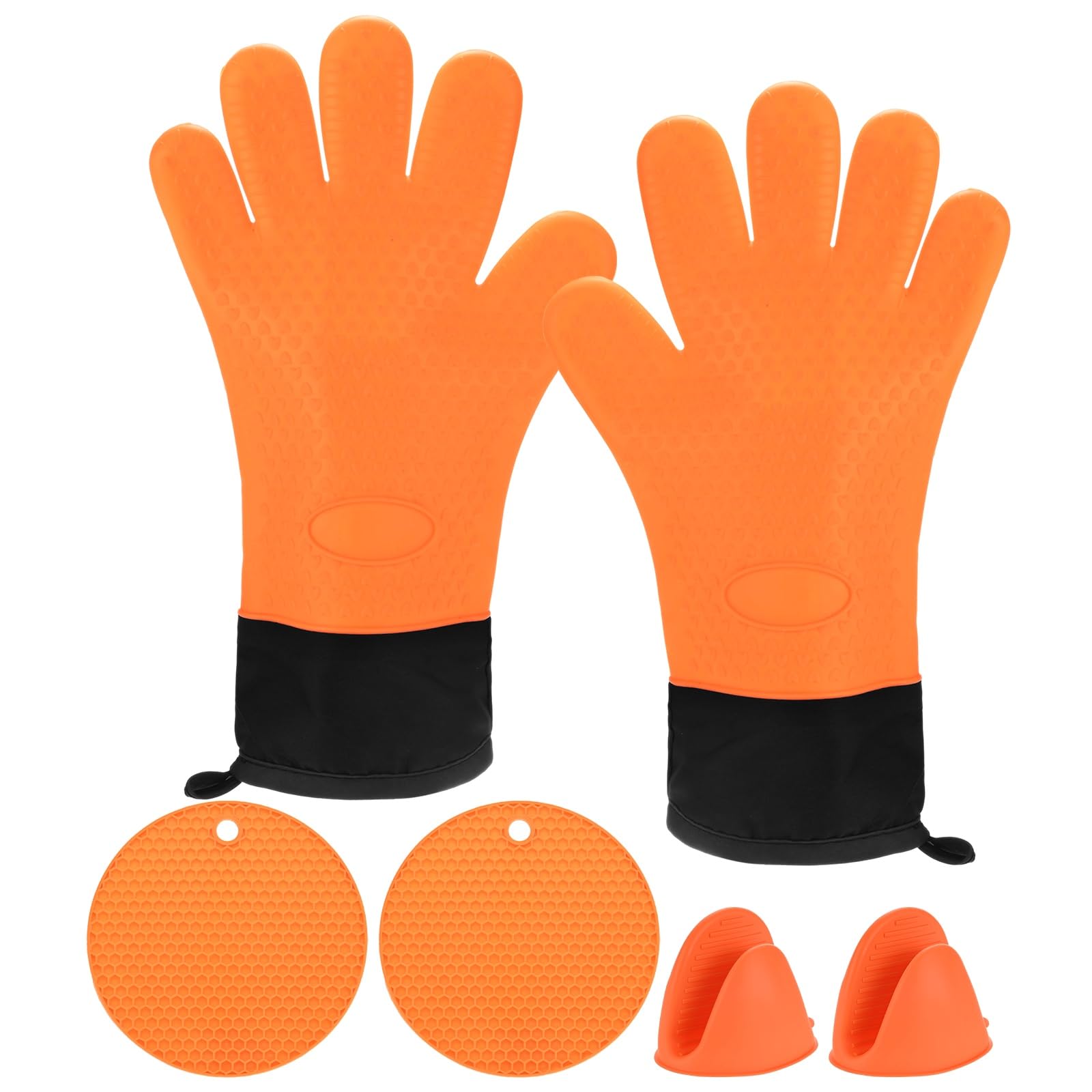 M METERXITY 1-Pair Silicone Gloves Heat Resistant, Non-Slip Grilling Gloves for BBQ/Oven, High Heat Oven Mitts with Trivet Mats and Pinch Grips [33cm, Orange]