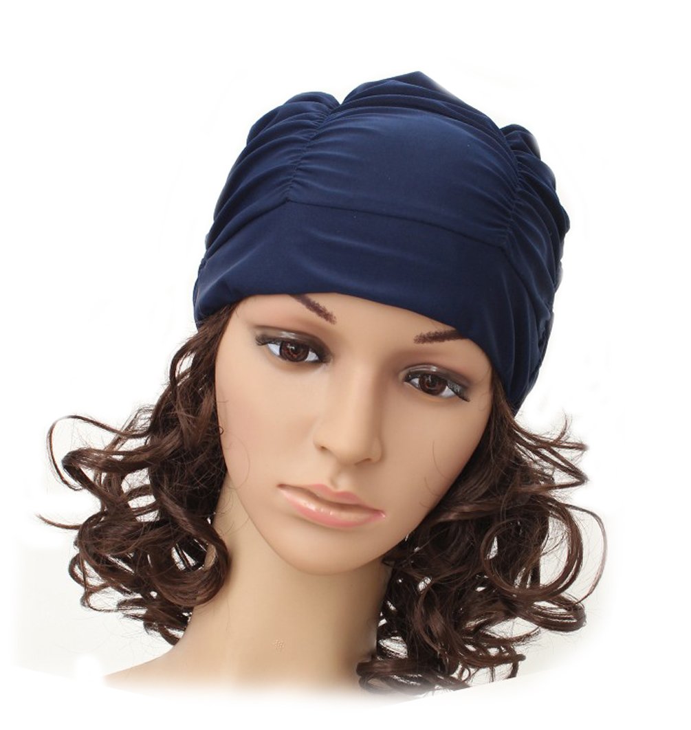 Ewandastore Colorful Pleated Nylon Cloth Swim Cap Large Swimming Cap Hot Spring Bathing Caps Lycra Beanie Hat for Adult Men Women Long Hair(Navy Blue)
