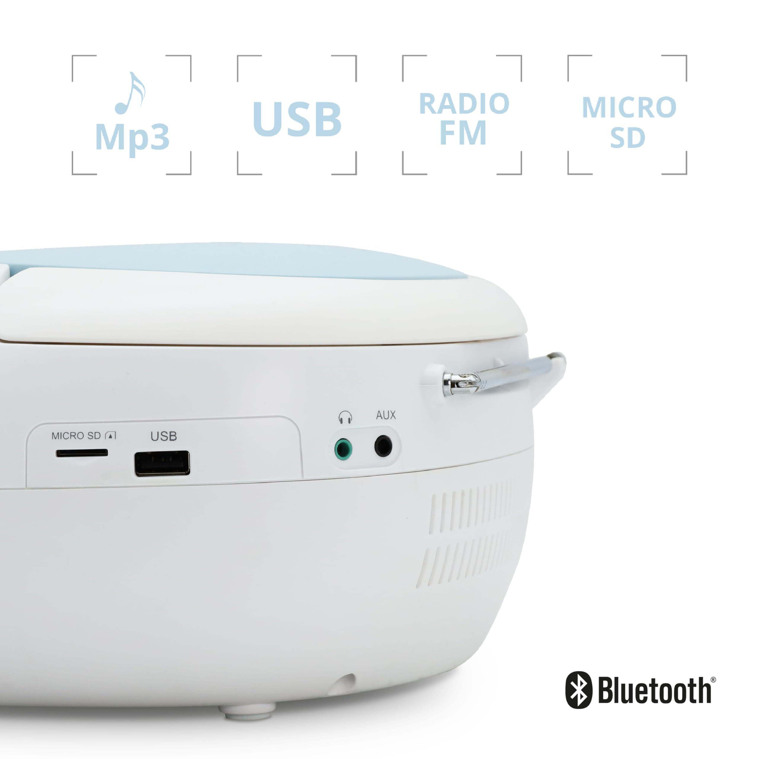 MOOOV 477187 Lettore CD Radio FM Portatile Bluetooth - Voce Boombox Stereo MP3 Ingresso USB, AUX-in, Micro-SD, Presa per cuffie, Schermo LCD - Alimentazione CA o Batteria - Blu