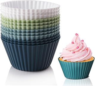 12Pcs Silicone Cupcake Cases Muffin Reusable Cake Moulds Non-Stick Baking Cups for Chocolate Jelly Bun Pan Pudding Bakeware Brownies 4 Colours (Green)