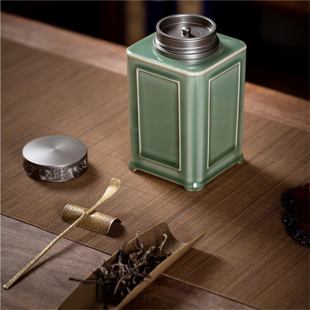 Słoik do przechowywania herbaty w kwadratowym, ceramicznym pojemniku z podwójną warstwą puszki i szczelnym zamknięciem, Celadon, do przechowywania herbaty w dużych ilościach (A)